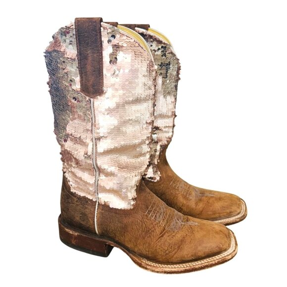 Macie Bean Distressed Leather Bison Sparkle Pink Sequin Western Cowgirl Boots - Picture 3 of 11